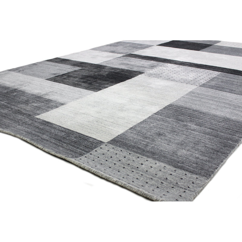 Ivory and Gray Handwoven Geometric Wool-Viscose Blend Area Rug 7'9" x 9'9"