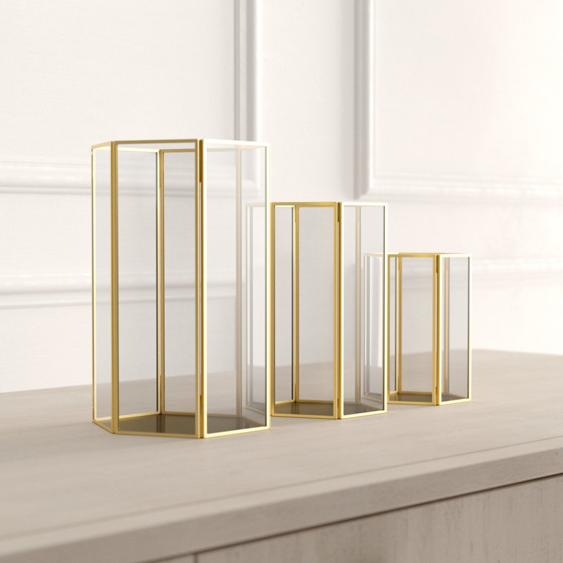 Gold Iron and Glass Hexagonal Candle Lantern Set
