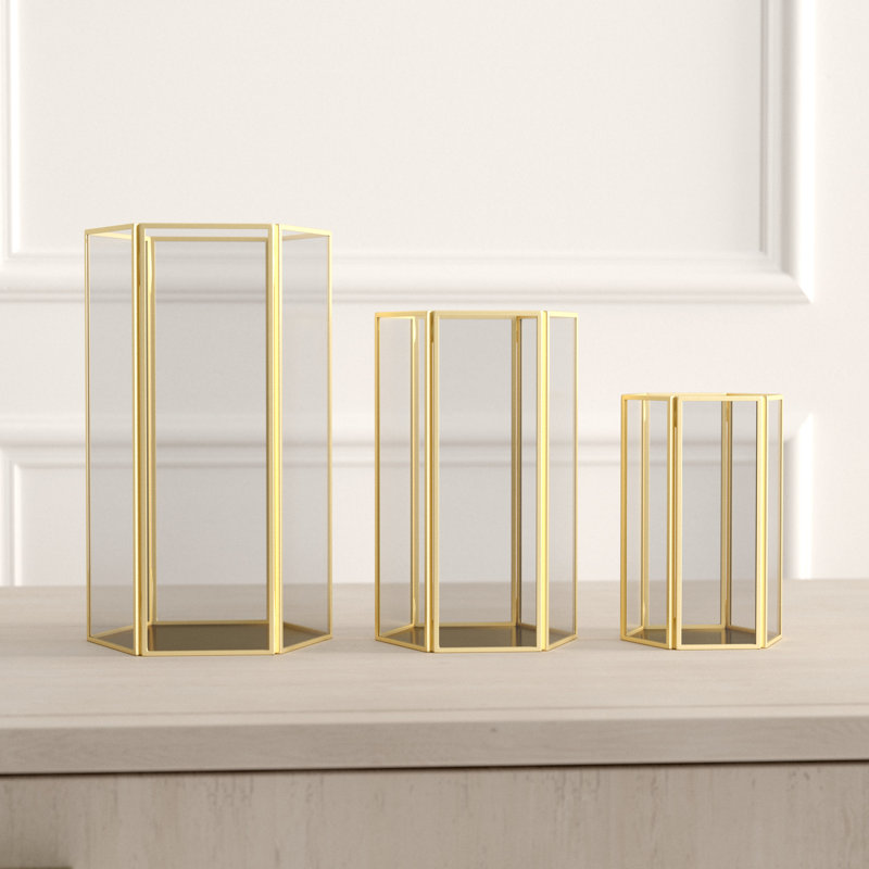 Gold Iron and Glass Hexagonal Candle Lantern Set