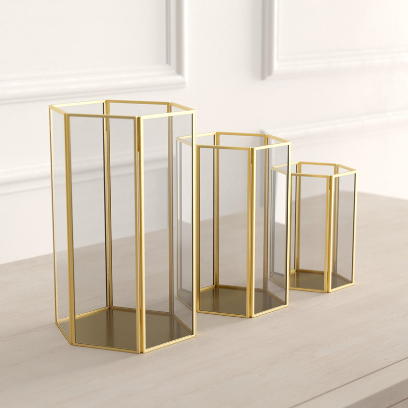 Gold Iron and Glass Hexagonal Candle Lantern Set