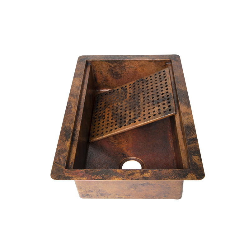 33" Hammered Copper Rectangular Drop-In Single Bowl Kitchen Sink with Removable Grill