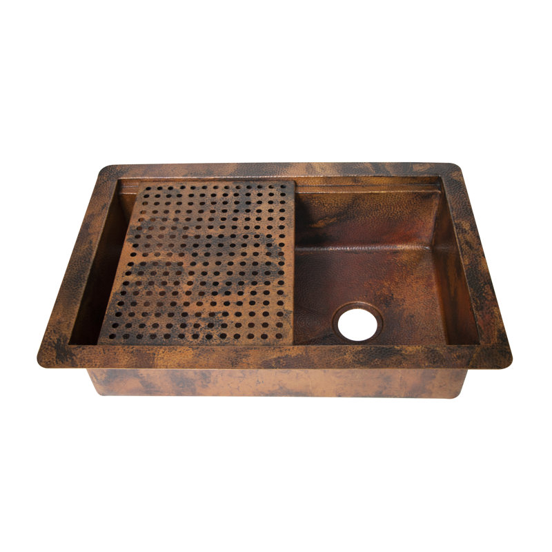 33" Hammered Copper Rectangular Drop-In Single Bowl Kitchen Sink with Removable Grill