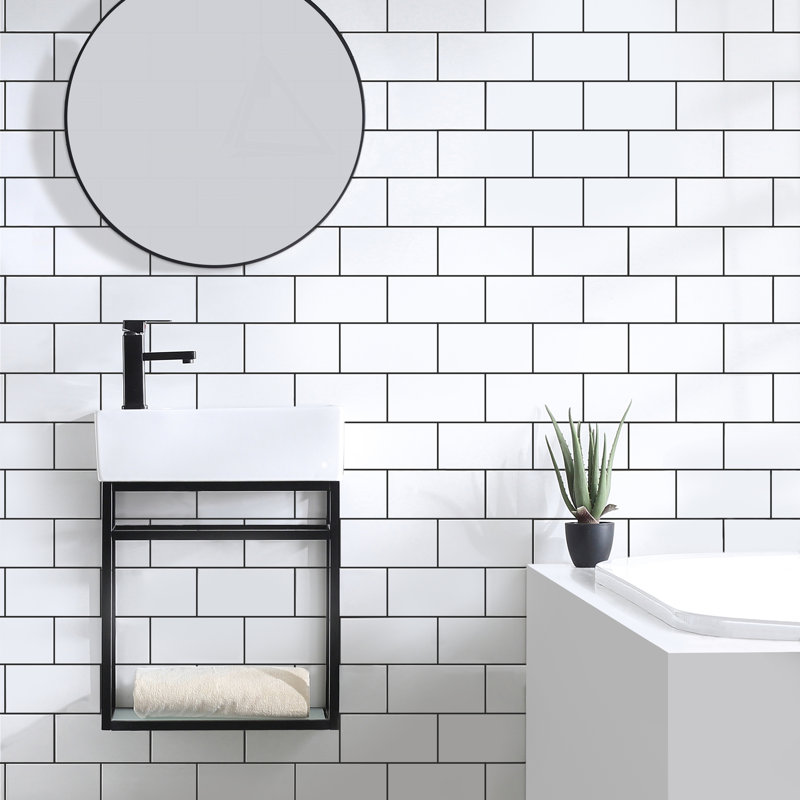 19'' Black Stainless Steel Floating Bathroom Vanity with Glossy White Ceramic Top