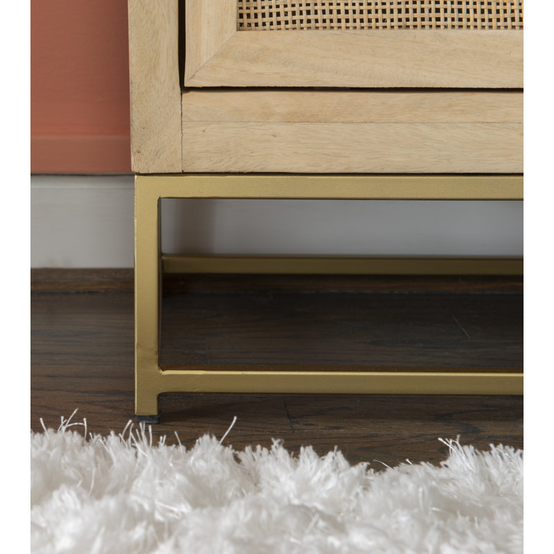 Janie Geometric Gold-Finish Rattan 2-Sliding Door Cabinet