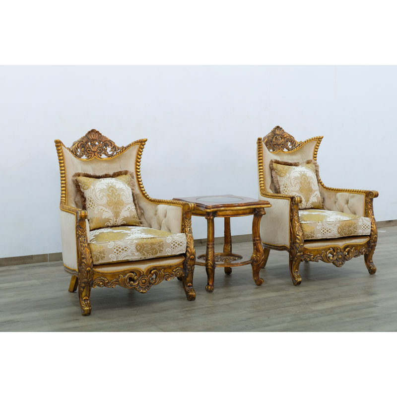 Handcrafted Beige Wood Accent Chair with Tufted Cushions