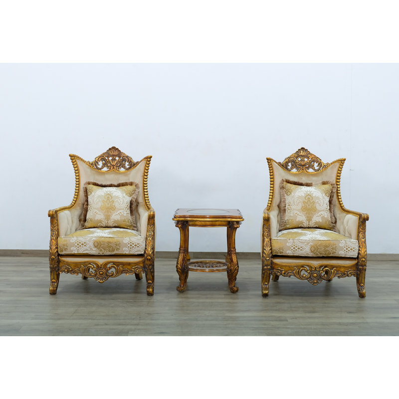 Handcrafted Beige Wood Accent Chair with Tufted Cushions