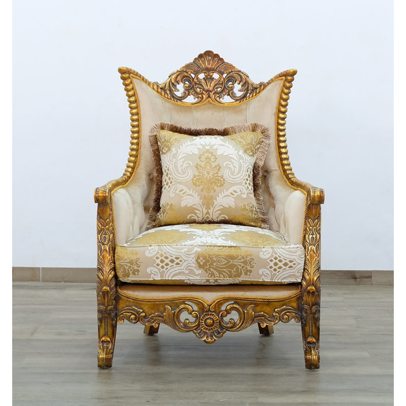 Handcrafted Beige Wood Accent Chair with Tufted Cushions