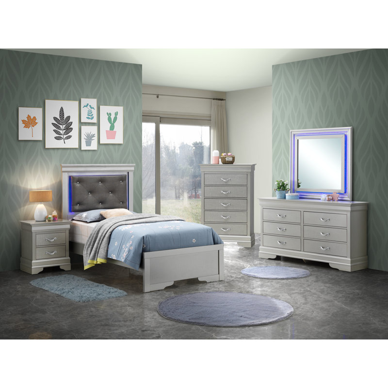Silver Champagne Twin Upholstered Bed with Tufted Headboard and Drawer