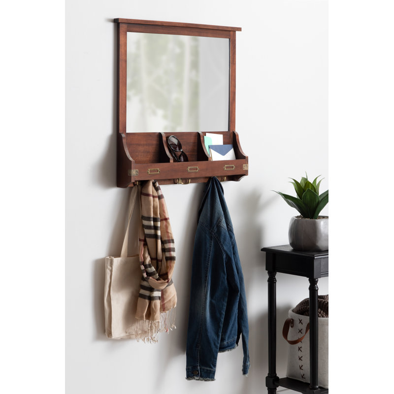 Walnut Brown Solid Wood Square Wall Organizer with Mirror and Hooks