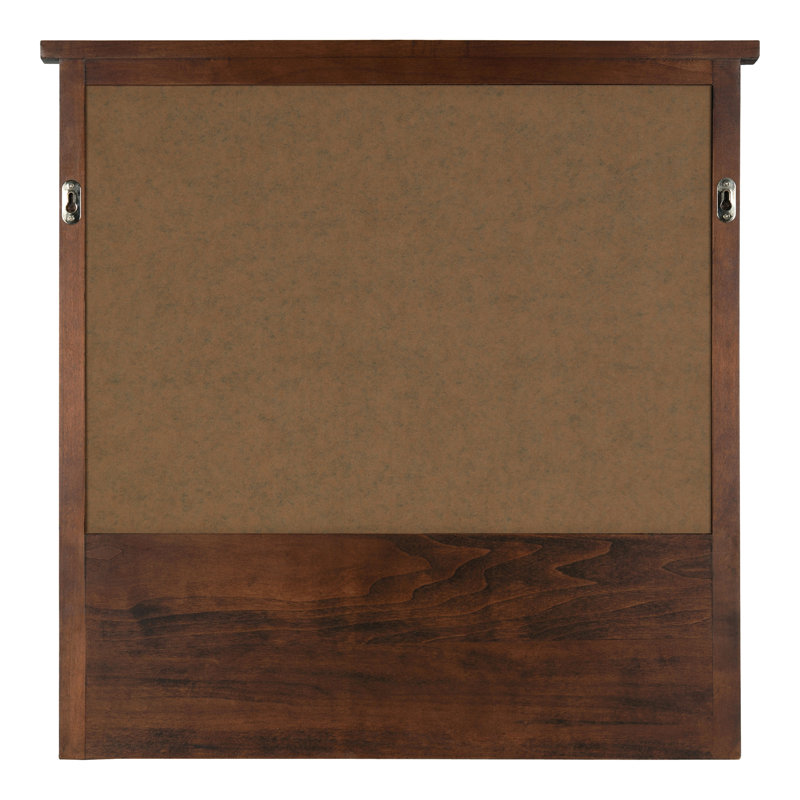 Walnut Brown Solid Wood Square Wall Organizer with Mirror and Hooks