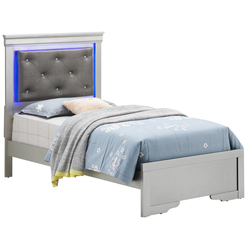 Silver Champagne Twin Upholstered Bed with Tufted Headboard and Drawer