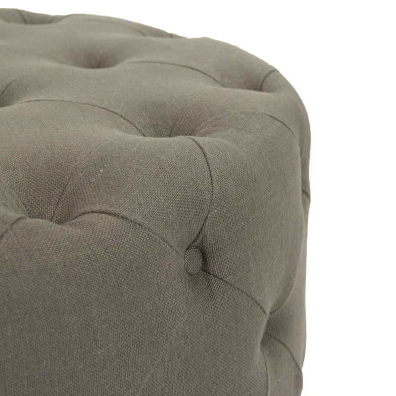 Luxurious Grey Linen 31" Round Tufted Oak Ottoman