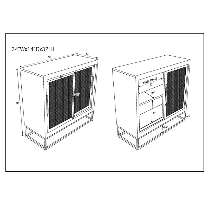 Janie Geometric Gold-Finish Rattan 2-Sliding Door Cabinet