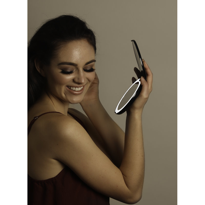 Sleek Modern 5" Round Black Glass Tabletop Magnifying Mirror with LED
