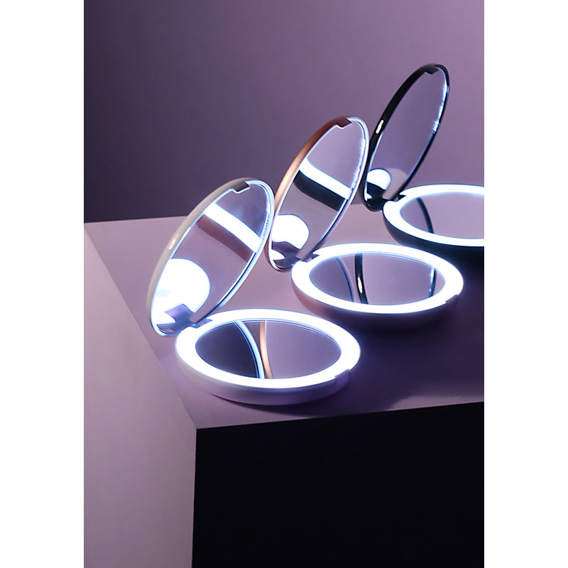 Sleek Modern 5" Round Black Glass Tabletop Magnifying Mirror with LED