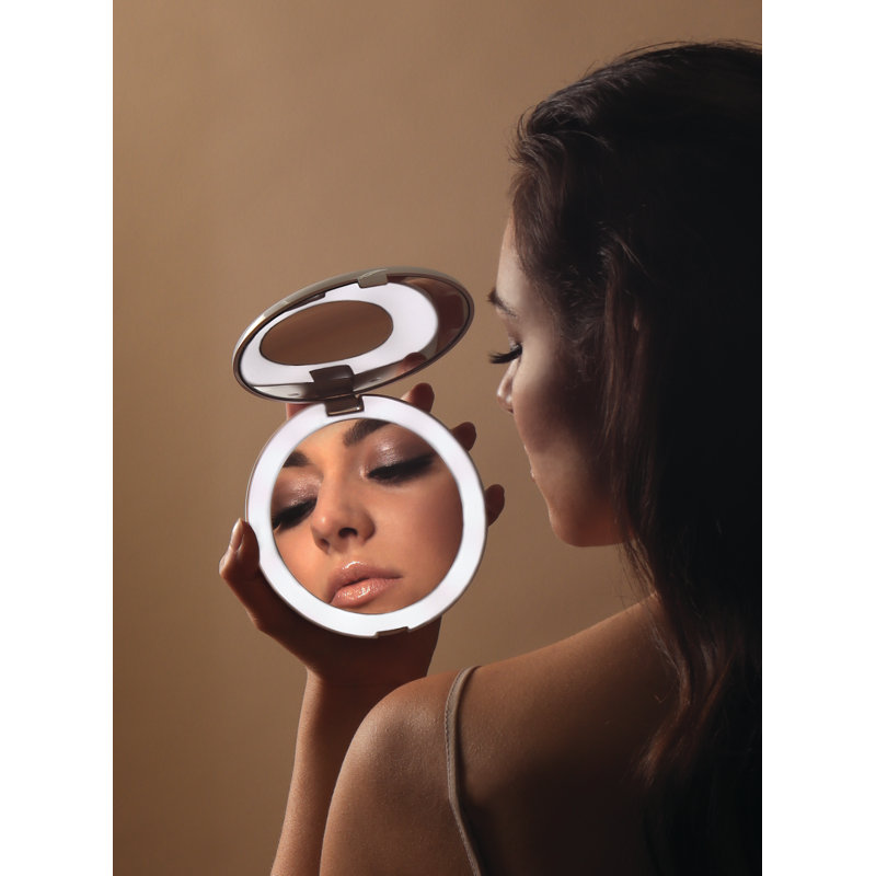 Glossy White LED Compact Round Magnifying Mirror