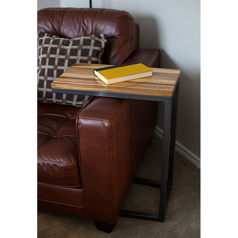 Acacia Wood and Metal C-Shaped Industrial Side Table