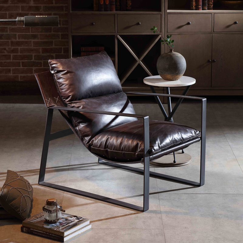 Miller Genuine Chocolate Leather Sling Armchair with Black Metal Frame