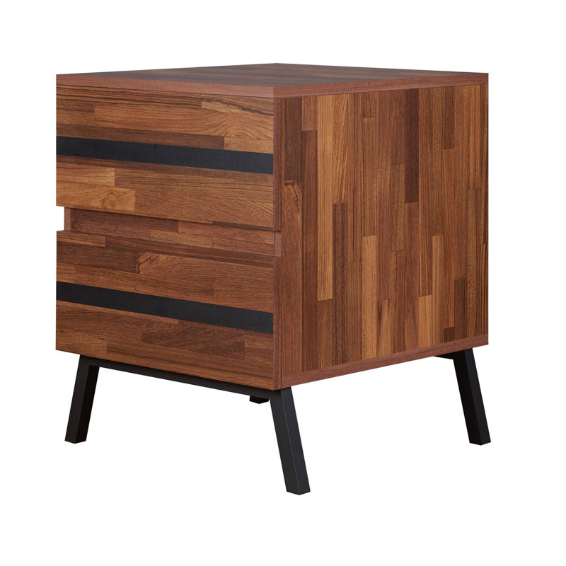 Walnut and Black Modern Rectangular Nightstand with Storage