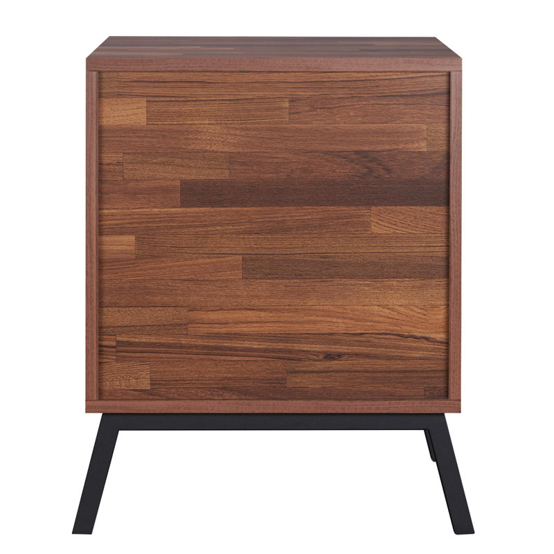 Walnut and Black Modern Rectangular Nightstand with Storage