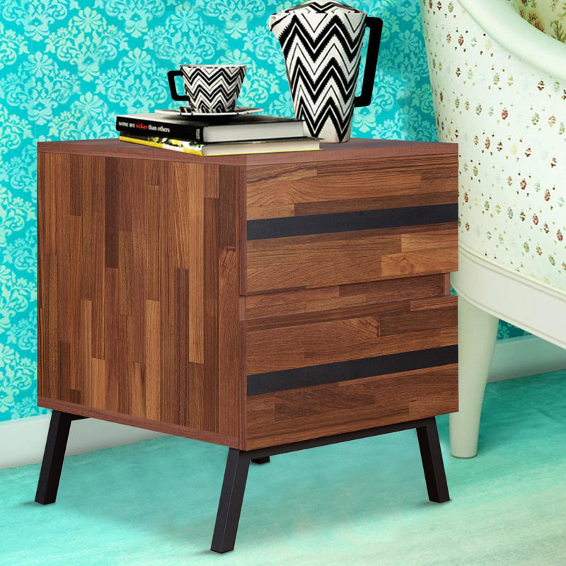Walnut and Black Modern Rectangular Nightstand with Storage