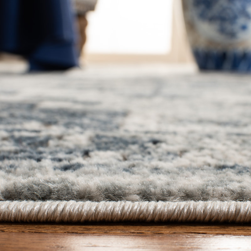 Ivory & Navy Hand-Knotted Synthetic Runner Rug - Easy Care, Stain-Resistant