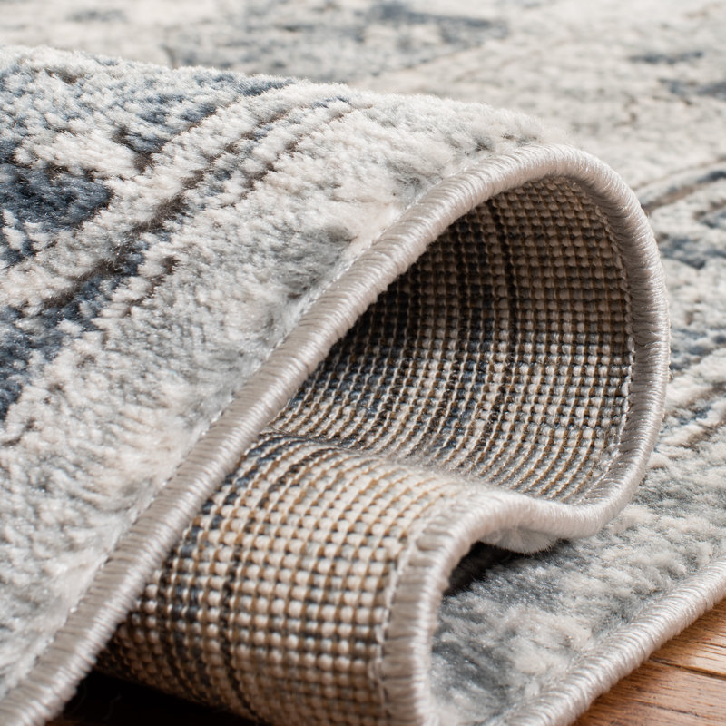 Ivory & Navy Hand-Knotted Synthetic Runner Rug - Easy Care, Stain-Resistant