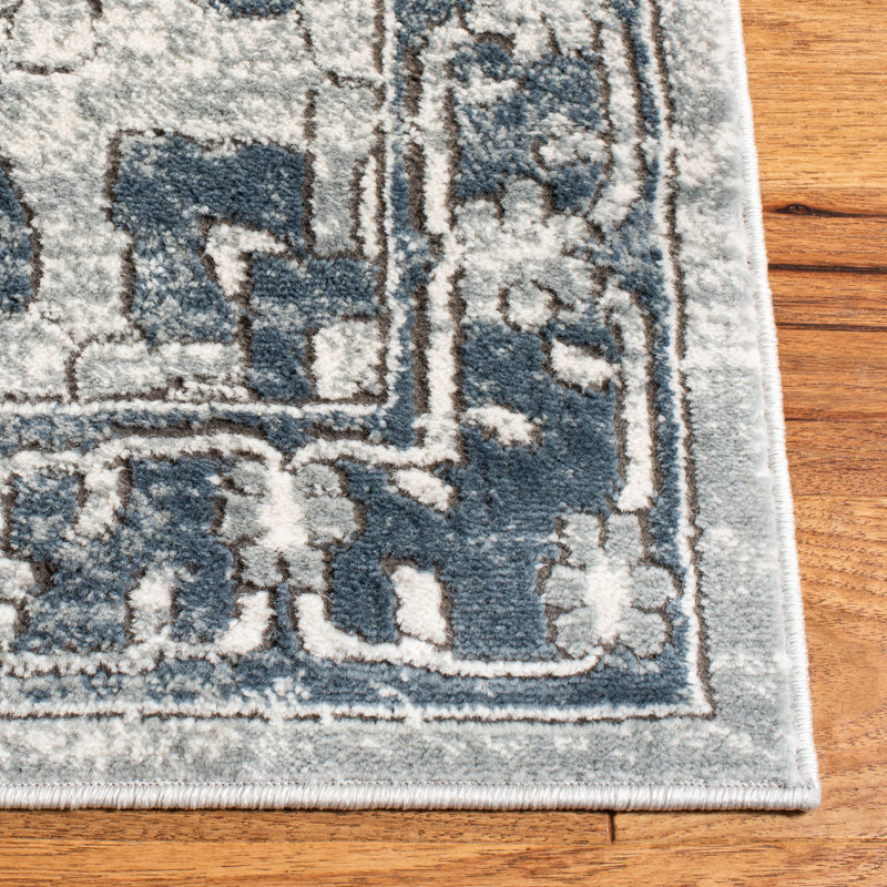 Ivory & Navy Hand-Knotted Synthetic Runner Rug - Easy Care, Stain-Resistant
