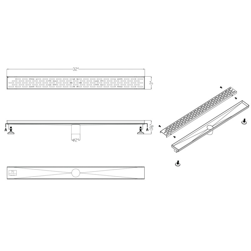 32" Stainless Steel Linear Shower Drain with Groove Holes