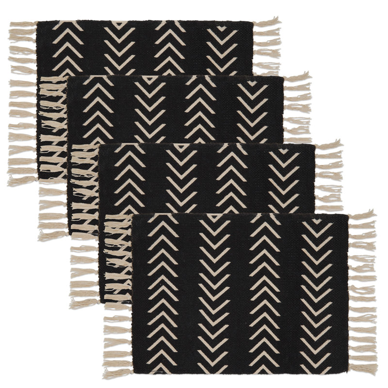 Black Cotton Geometric Fringe Placemats, Set of Four