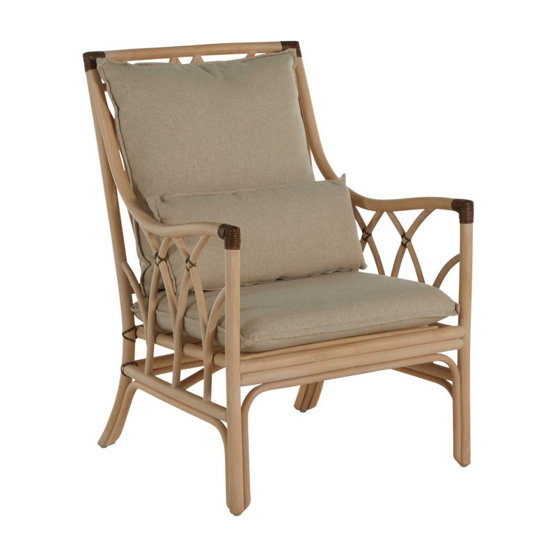 Milano Beige Leather Transitional Arm Chair with Rattan Accents