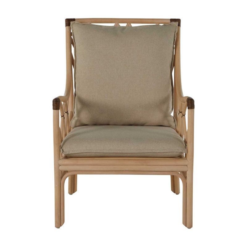 Milano Beige Leather Transitional Arm Chair with Rattan Accents