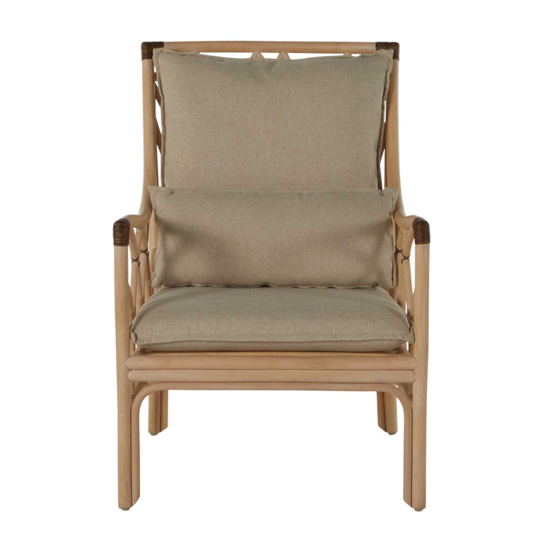 Milano Beige Leather Transitional Arm Chair with Rattan Accents