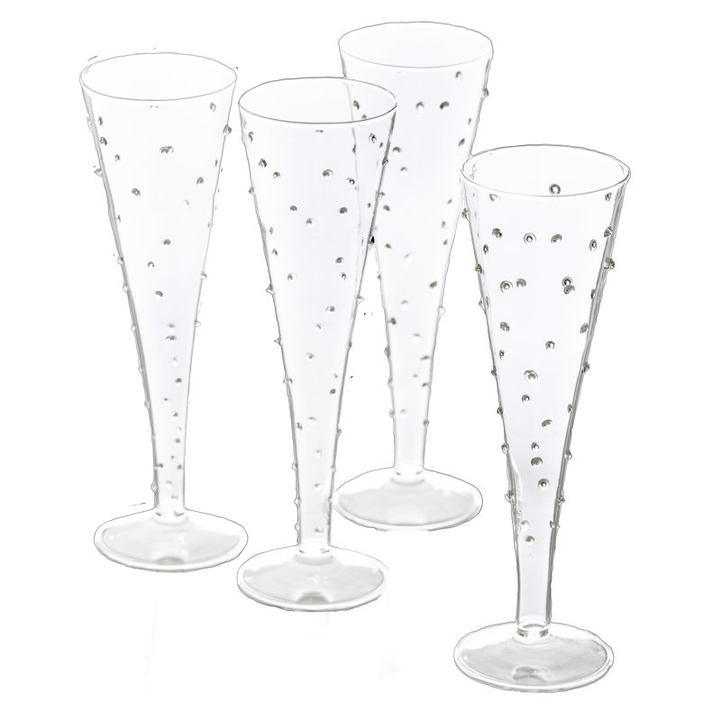 Handmade Clear Glass Curved Flute Set with Dots, 10 oz