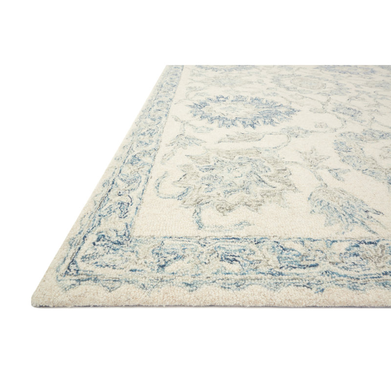 Ivory Blue Oriental Handmade Wool Area Rug - 3'6" x 5'6"