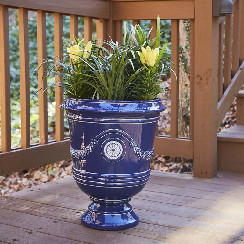 Classical Navy Resin Urn Planter with Molded Floral Details