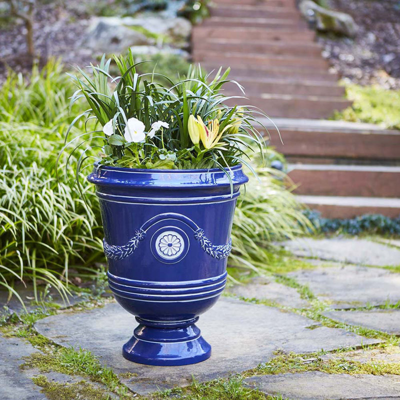 Classical Navy Resin Urn Planter with Molded Floral Details