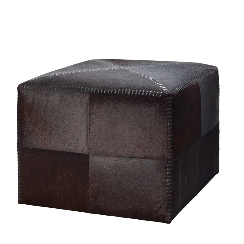 Contemporary Stitched Dark Brown Leather Pouf Ottoman