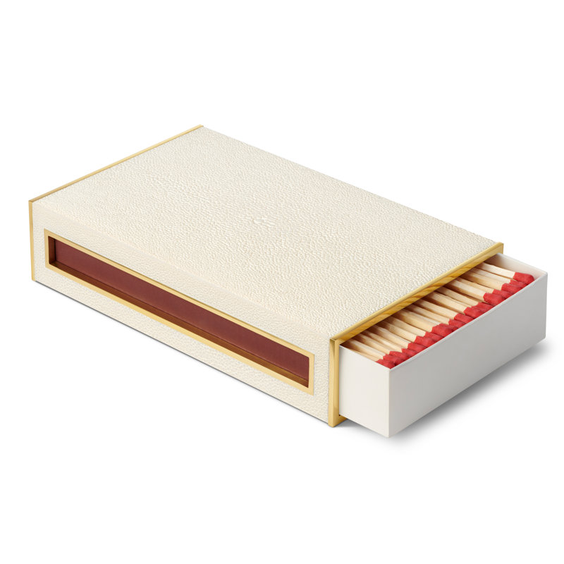 Cream Faux Shagreen Oversized Match Box with Brass Accents