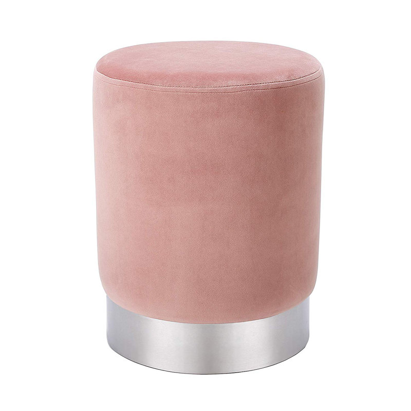 Dusty Rose Velvet Round Ottoman with Silver Base