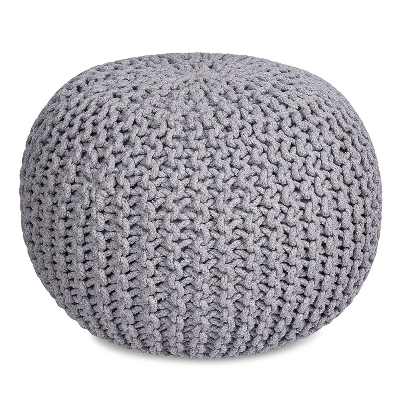 Moroccan Inspired Light Grey Knitted Round Pouf Ottoman