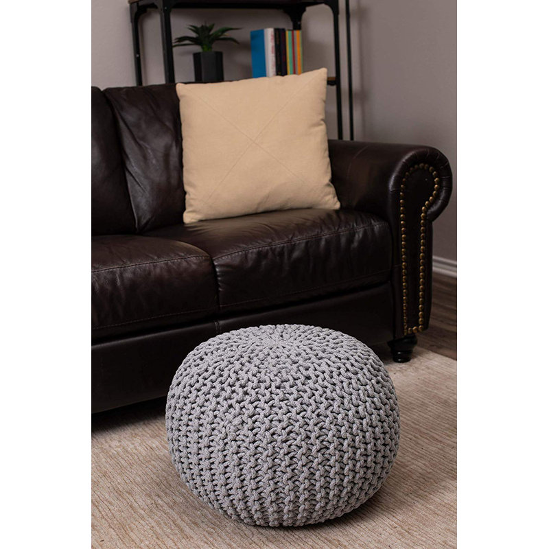 Moroccan Inspired Light Grey Knitted Round Pouf Ottoman