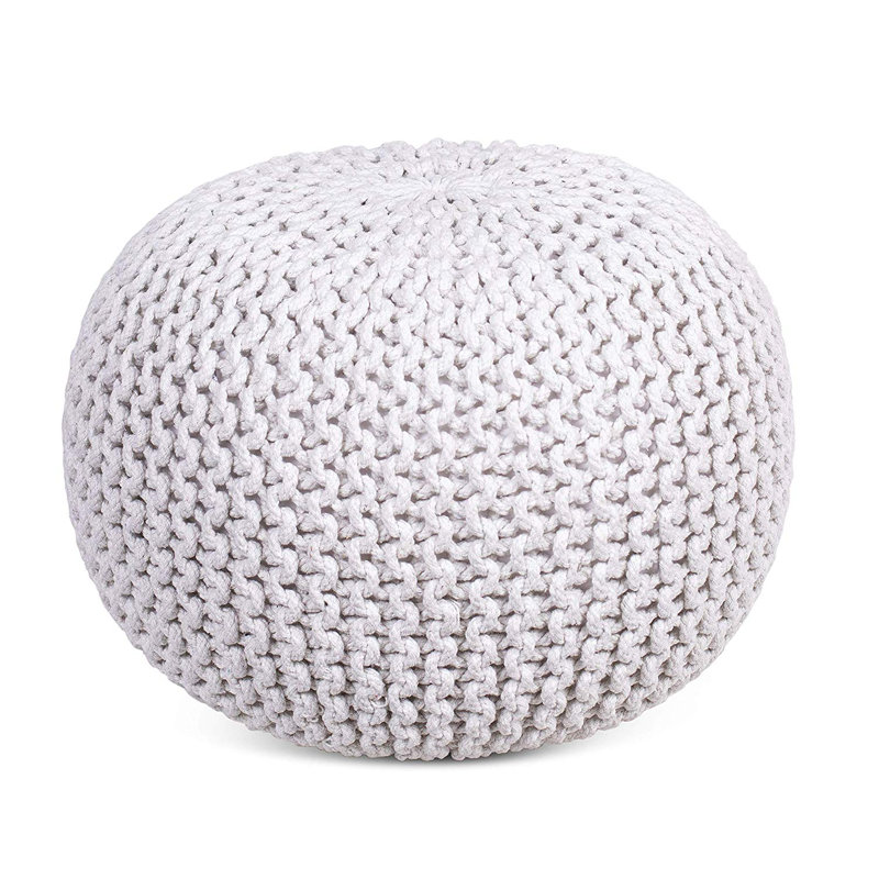 Ivory Cotton Braided Round Pouf Ottoman