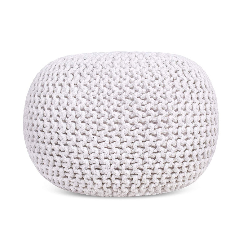 Ivory Cotton Braided Round Pouf Ottoman