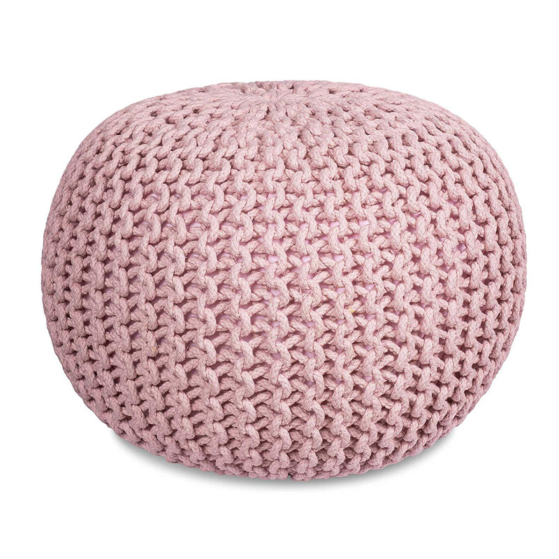 Dusty Rose Cotton Braided Round Pouf Ottoman