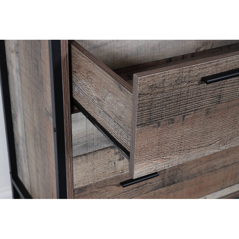 Rustic Reclaimed Barnwood Laminate 4-Drawer Chest with Black Steel Base