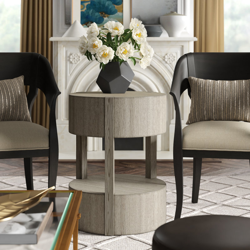 Transitional Gray Drum-Shaped Wood End Table with Open Shelf
