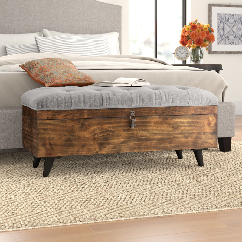 Transitional Tufted Cocktail Ottoman in Grey Linen & Dark Oak