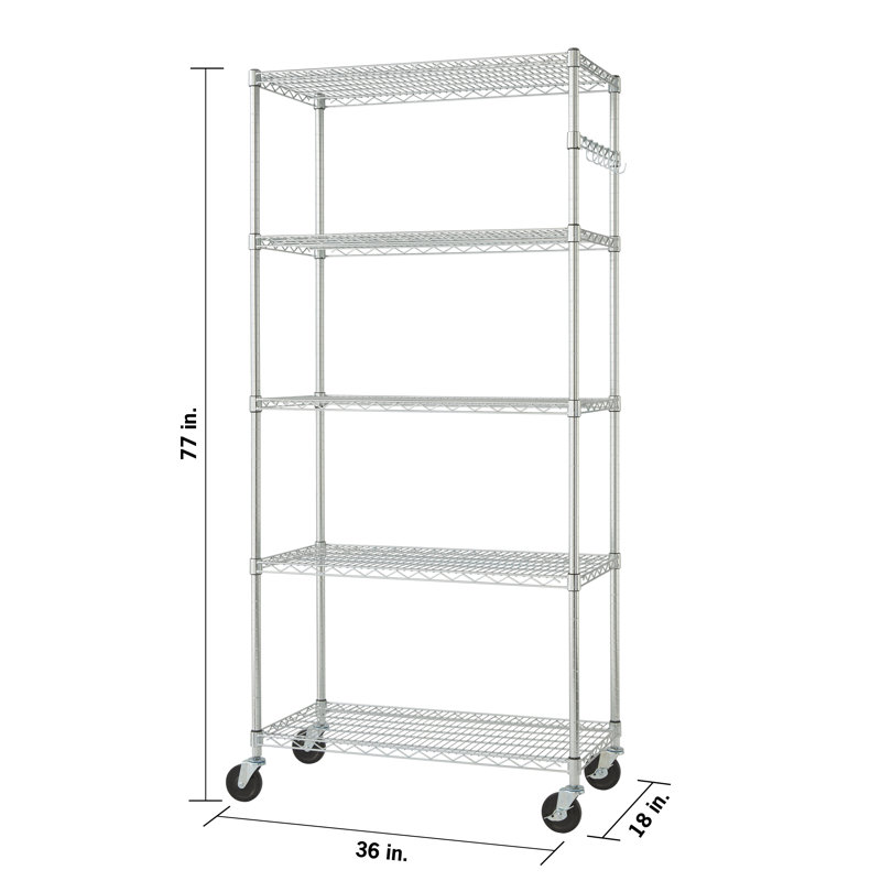 Adjustable Black 5-Tier Chrome Wire Shelving Unit with Hooks