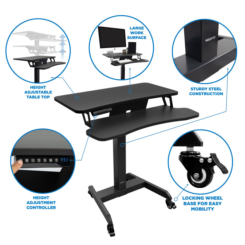 Mount-It! Adjustable Black Steel Mobile Standing Desk with Keyboard Tray 31.5"